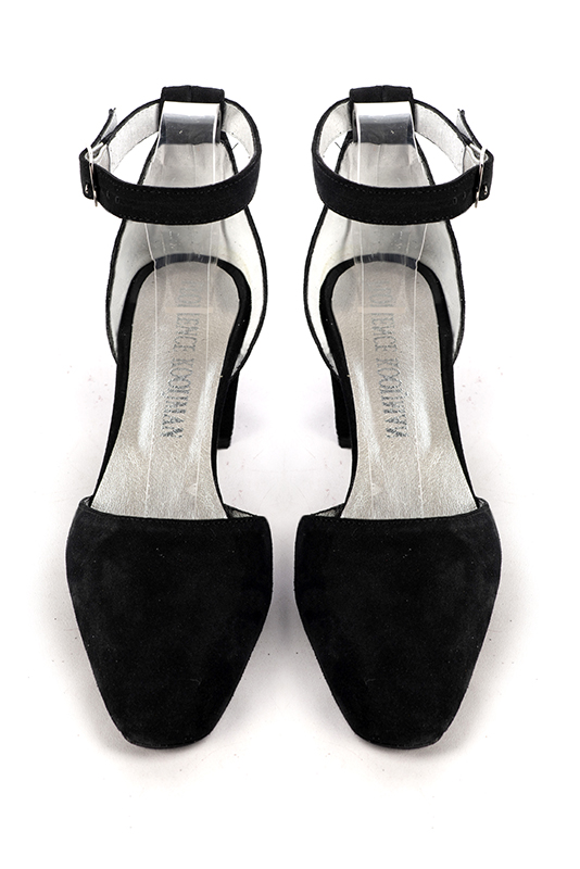 Matt black women's open side shoes, with an instep strap. Square toe. Medium block heels. Top view - Florence KOOIJMAN